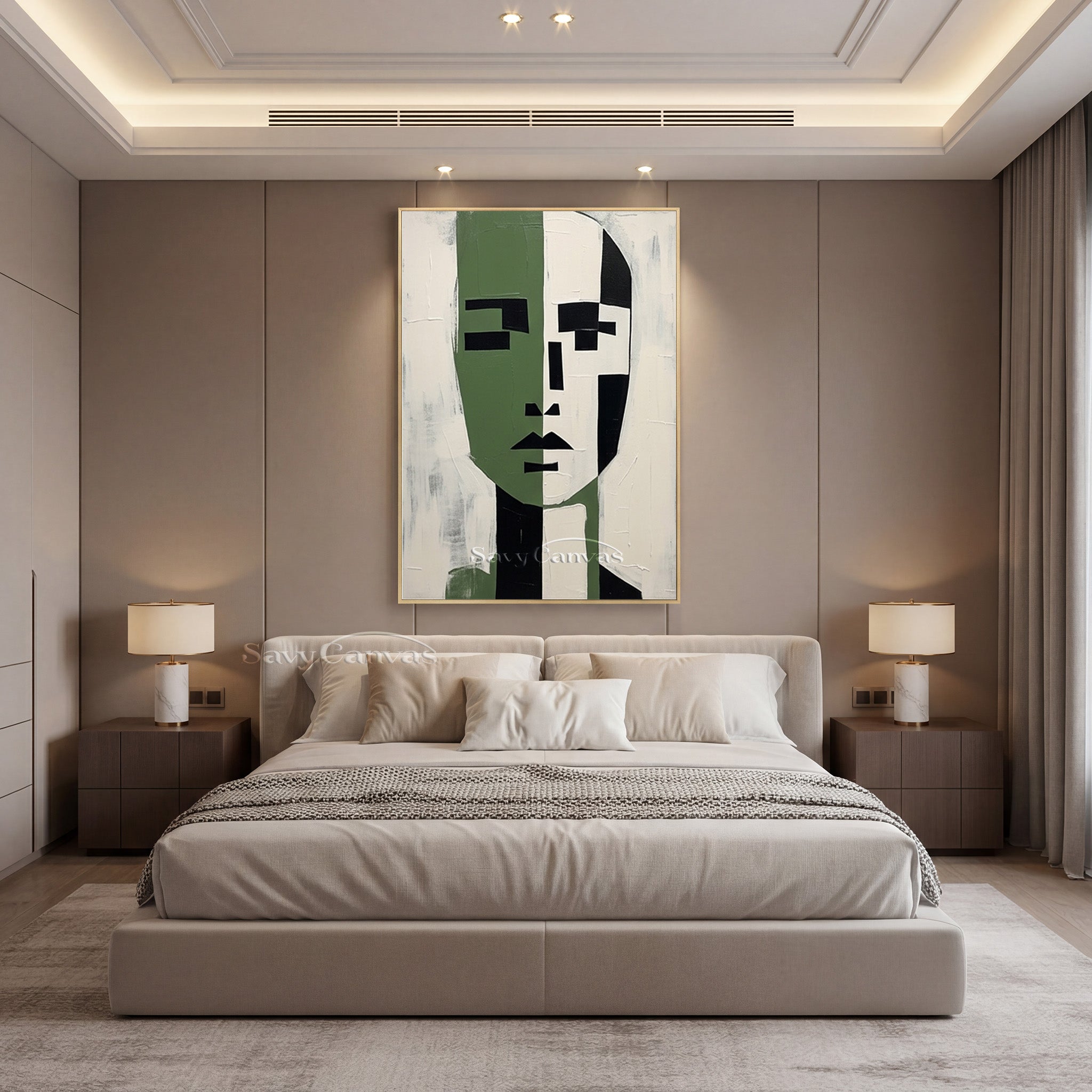 Modern Abstract Face Oil Painting | Green & White Symmetric Art #SS 189