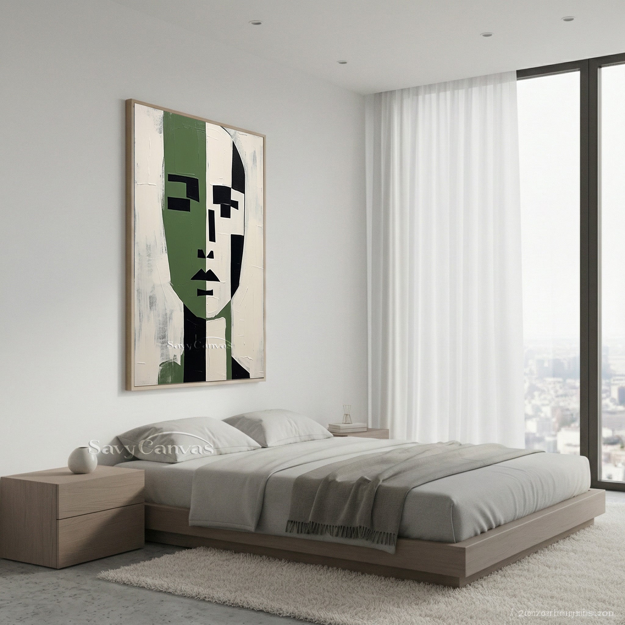 Modern Abstract Face Oil Painting | Green & White Symmetric Art #SS 189