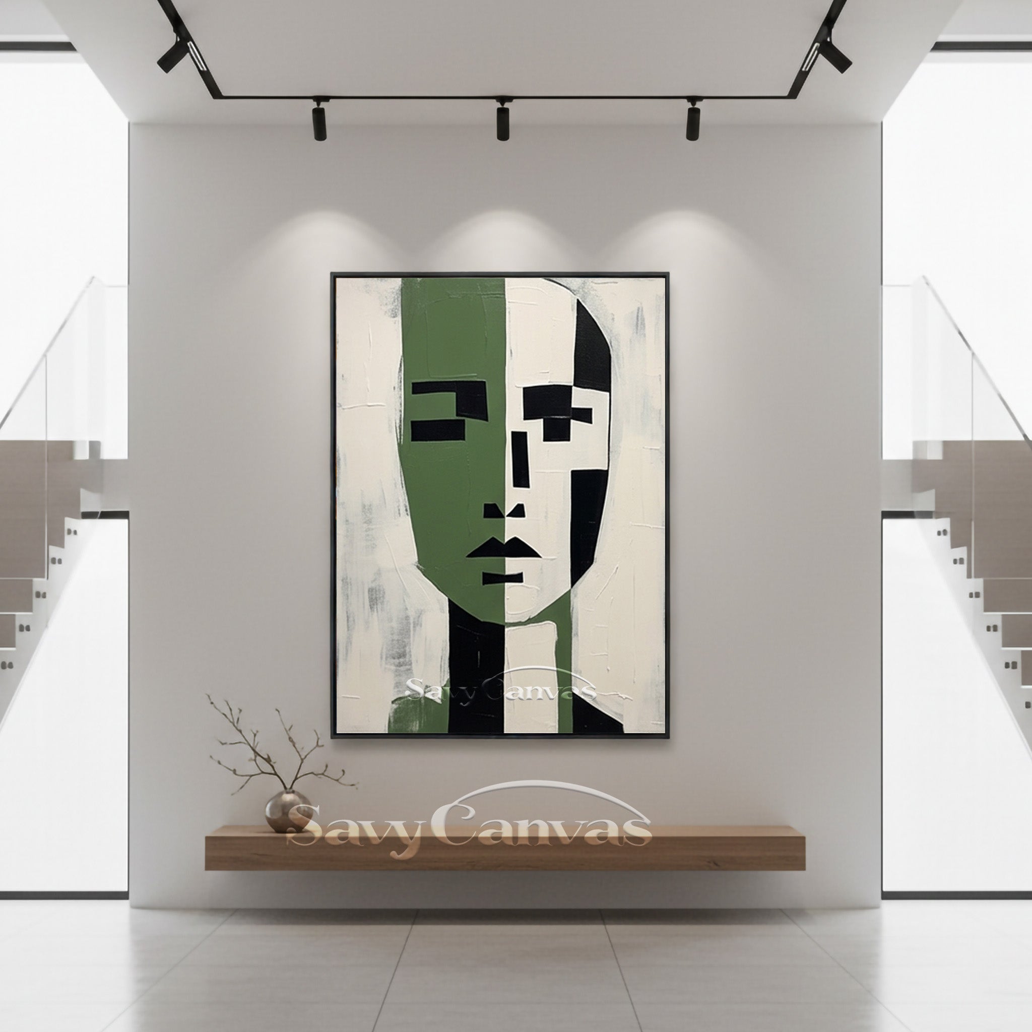 Modern Abstract Face Oil Painting | Green & White Symmetric Art #SS 189