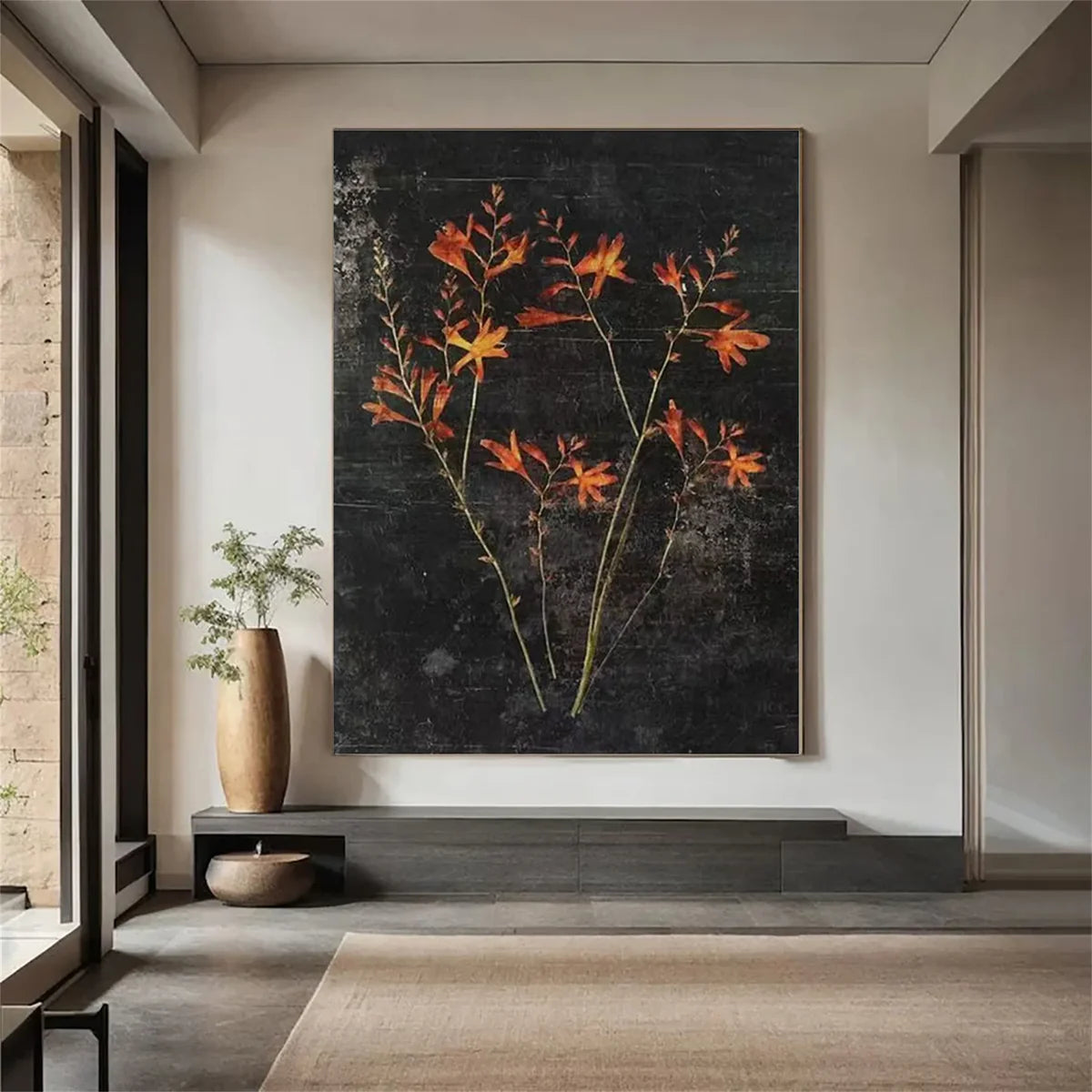 Contemporary Floral Artwork | Large Vertical Orange Black Painting Decor