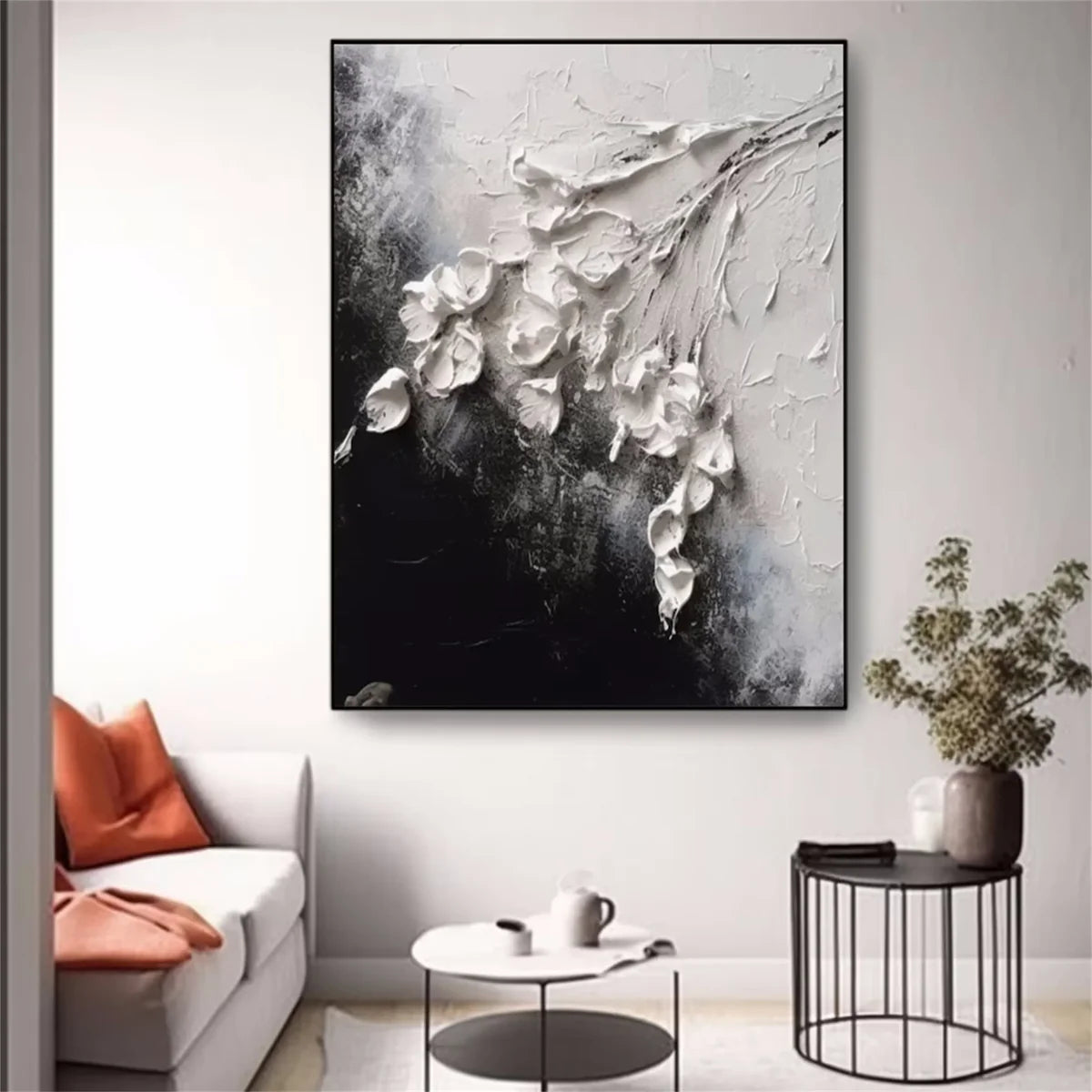 Contemporary Floral Artwork | Large Vertical Textured Painting White Black