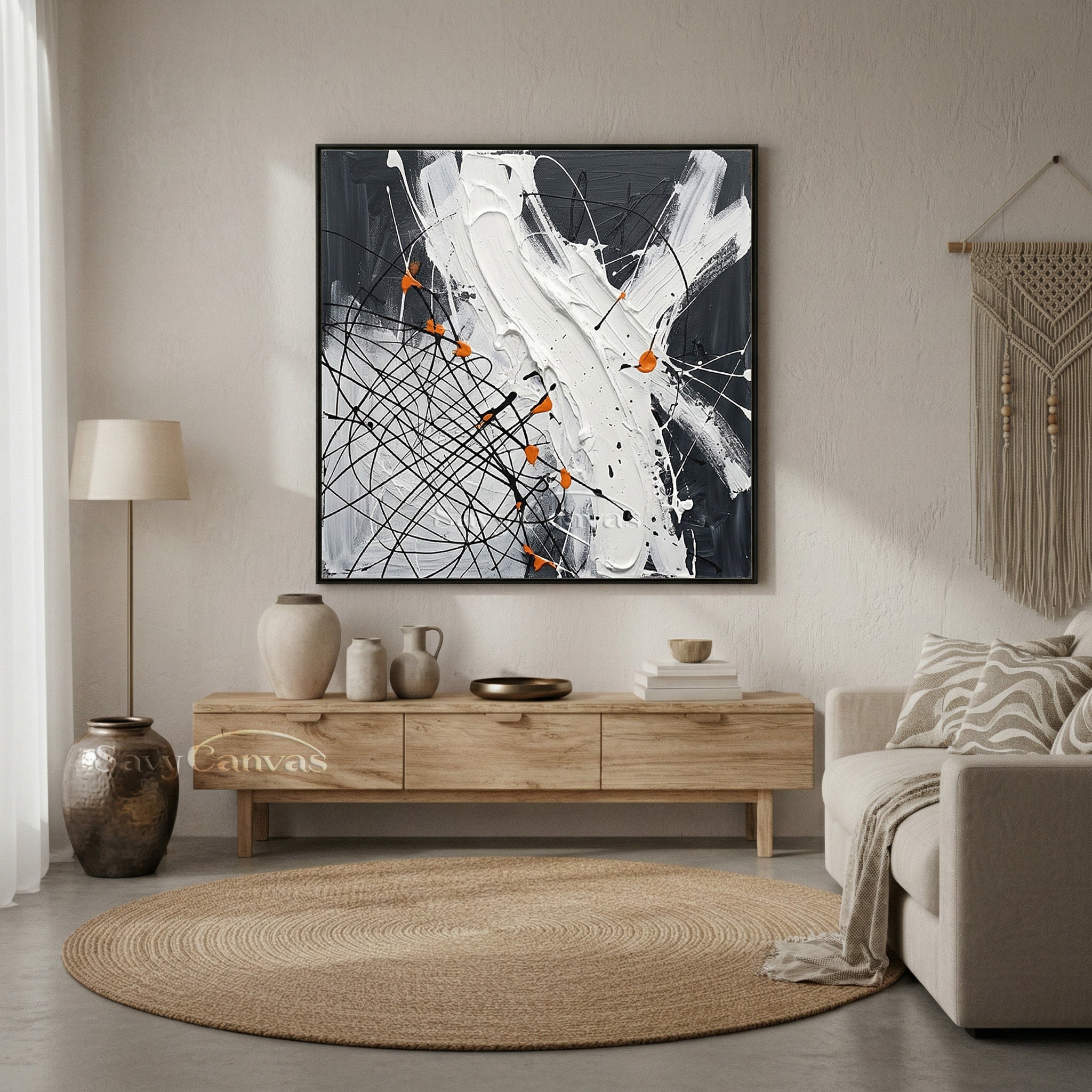 Modern Abstract Dining Room Wall Art | Hand-Painted Orange & Grey #JJ 451