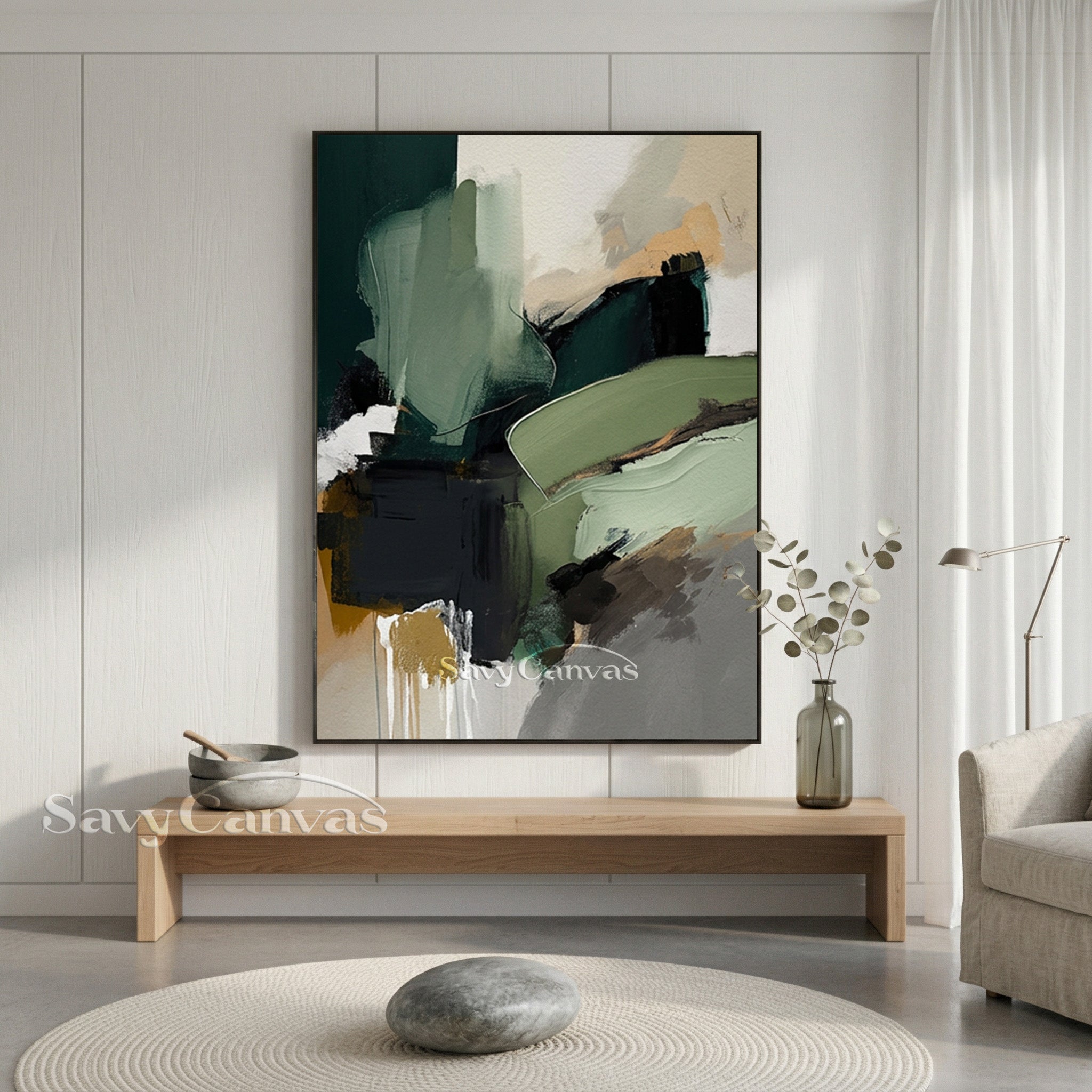 Hand-Painted Emerald Green Abstract Art for Office & Home #SS 136