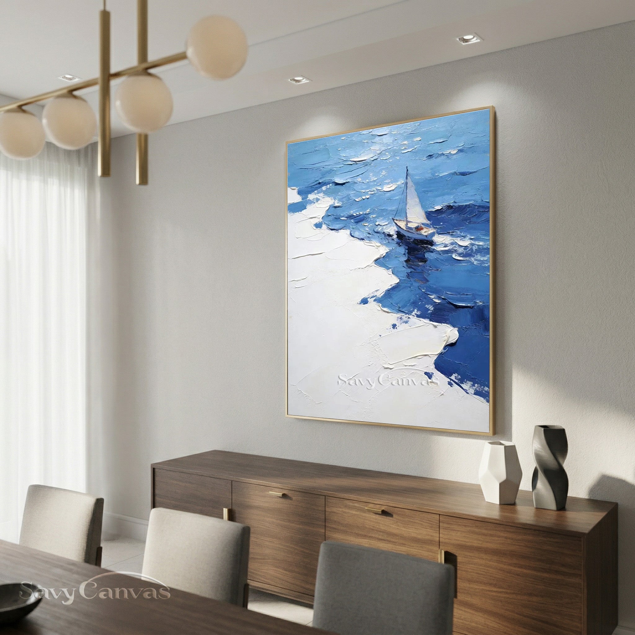 Modern Blue Ocean Sailboat Impasto Oil Painting on Canvas #SS 005