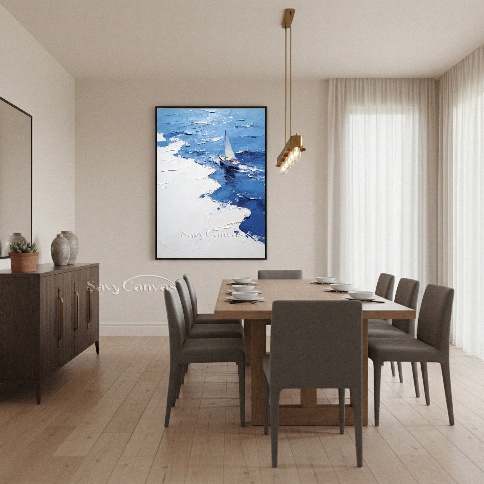 Modern Blue Ocean Sailboat Impasto Oil Painting on Canvas #SS 005