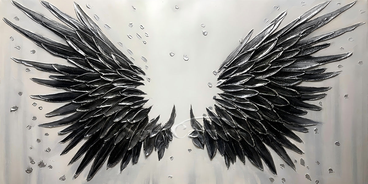 Large Black Feather Wings Canvas Art | Hand-Painted Modern Decor