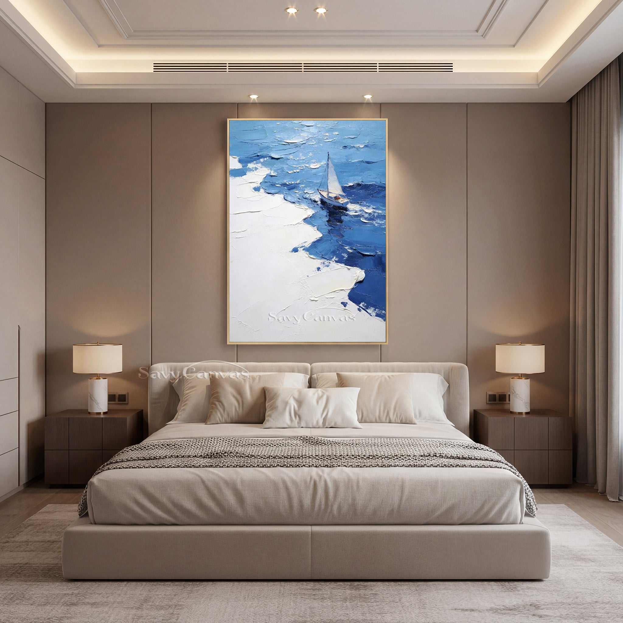 Modern Blue Ocean Sailboat Impasto Oil Painting on Canvas #SS 005