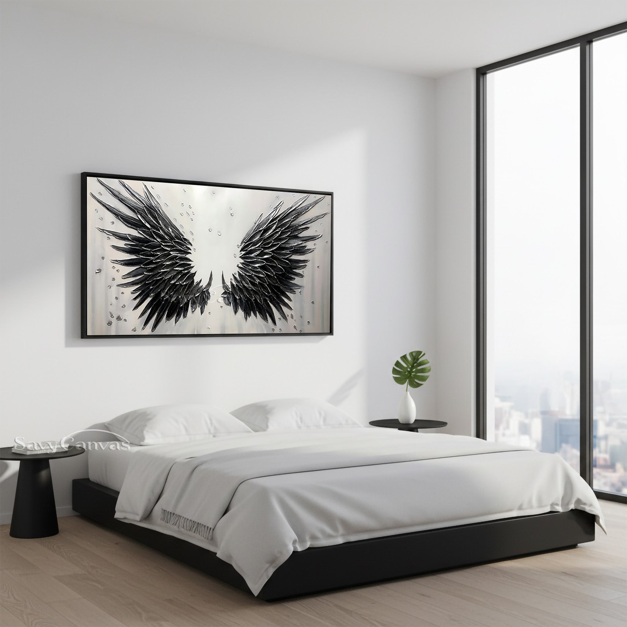 3D Textured Black Angel Wings Hand-Painted Oil Painting #SS 027