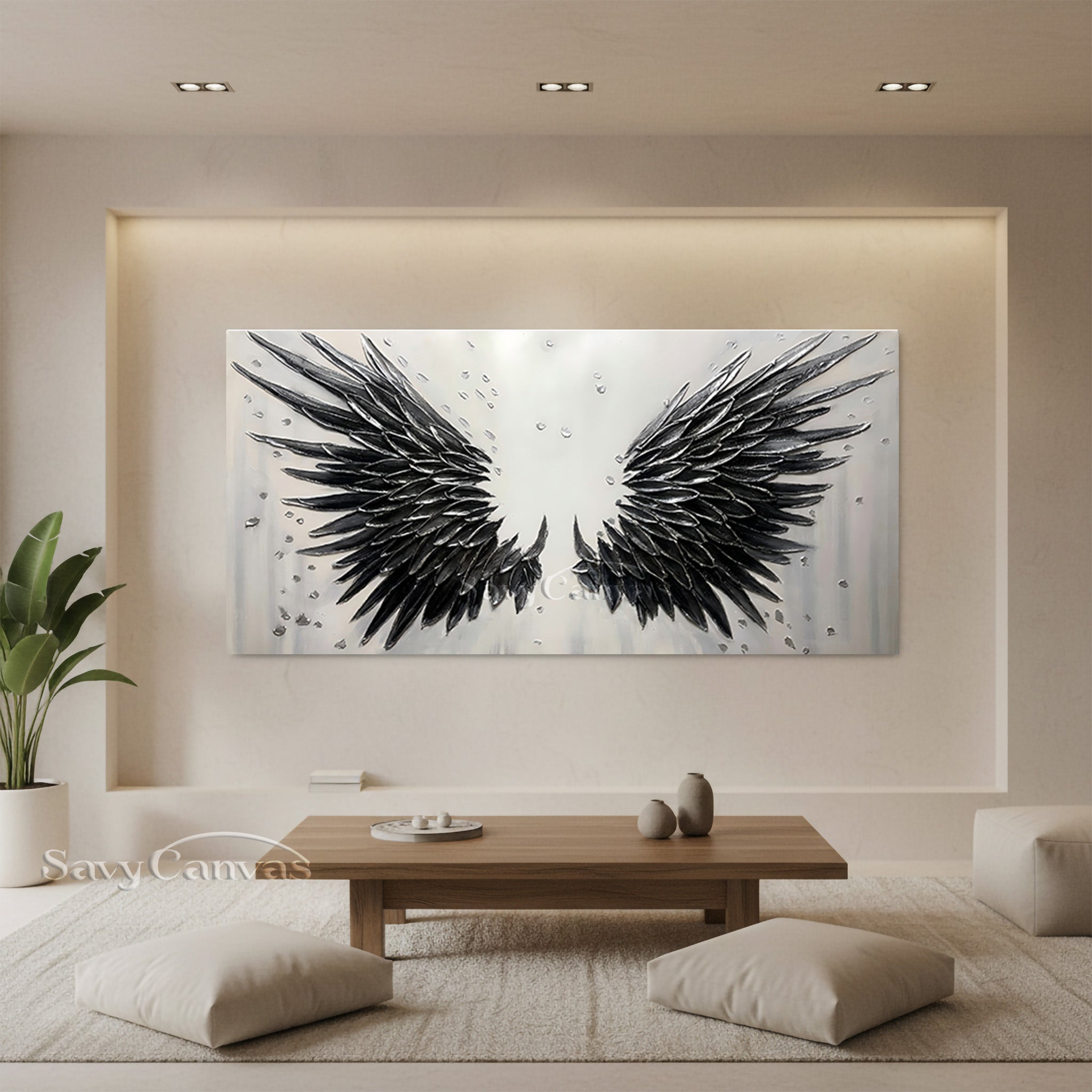 3D Textured Black Angel Wings Hand-Painted Oil Painting #SS 027