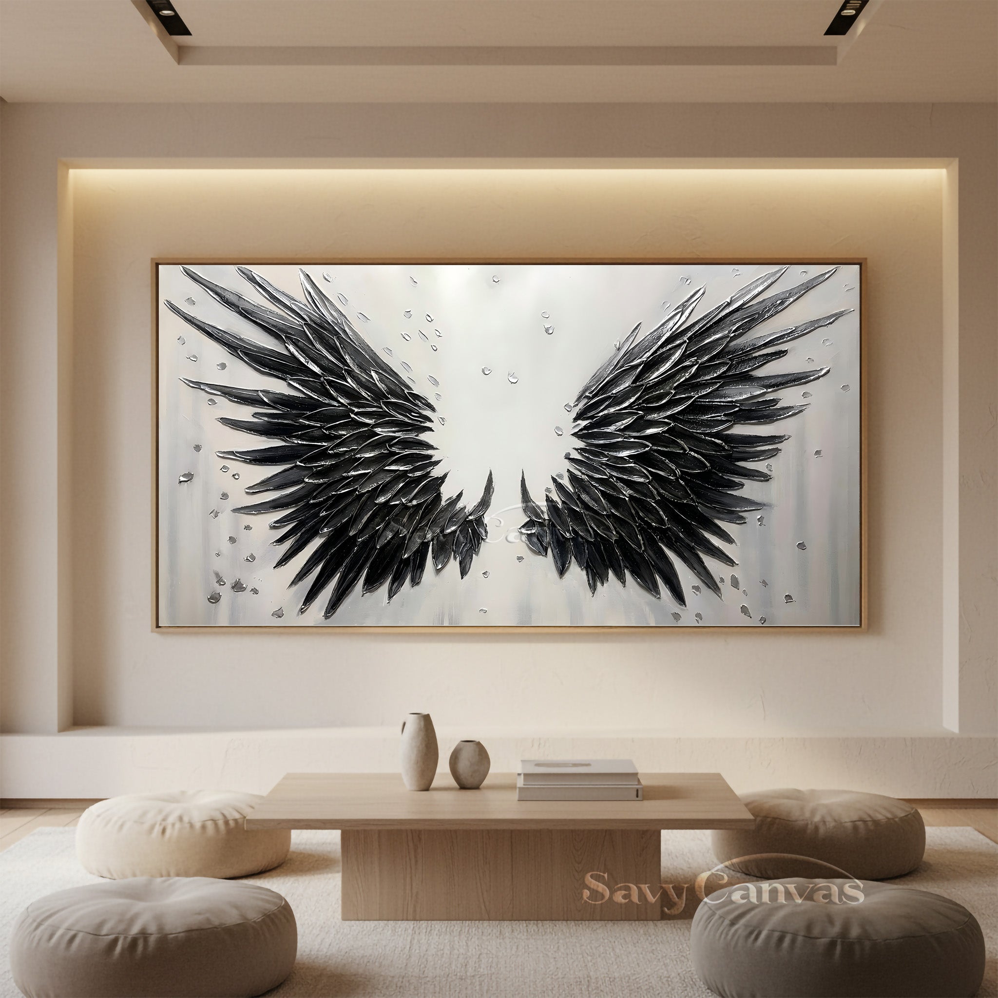 3D Textured Black Angel Wings Hand-Painted Oil Painting #SS 027