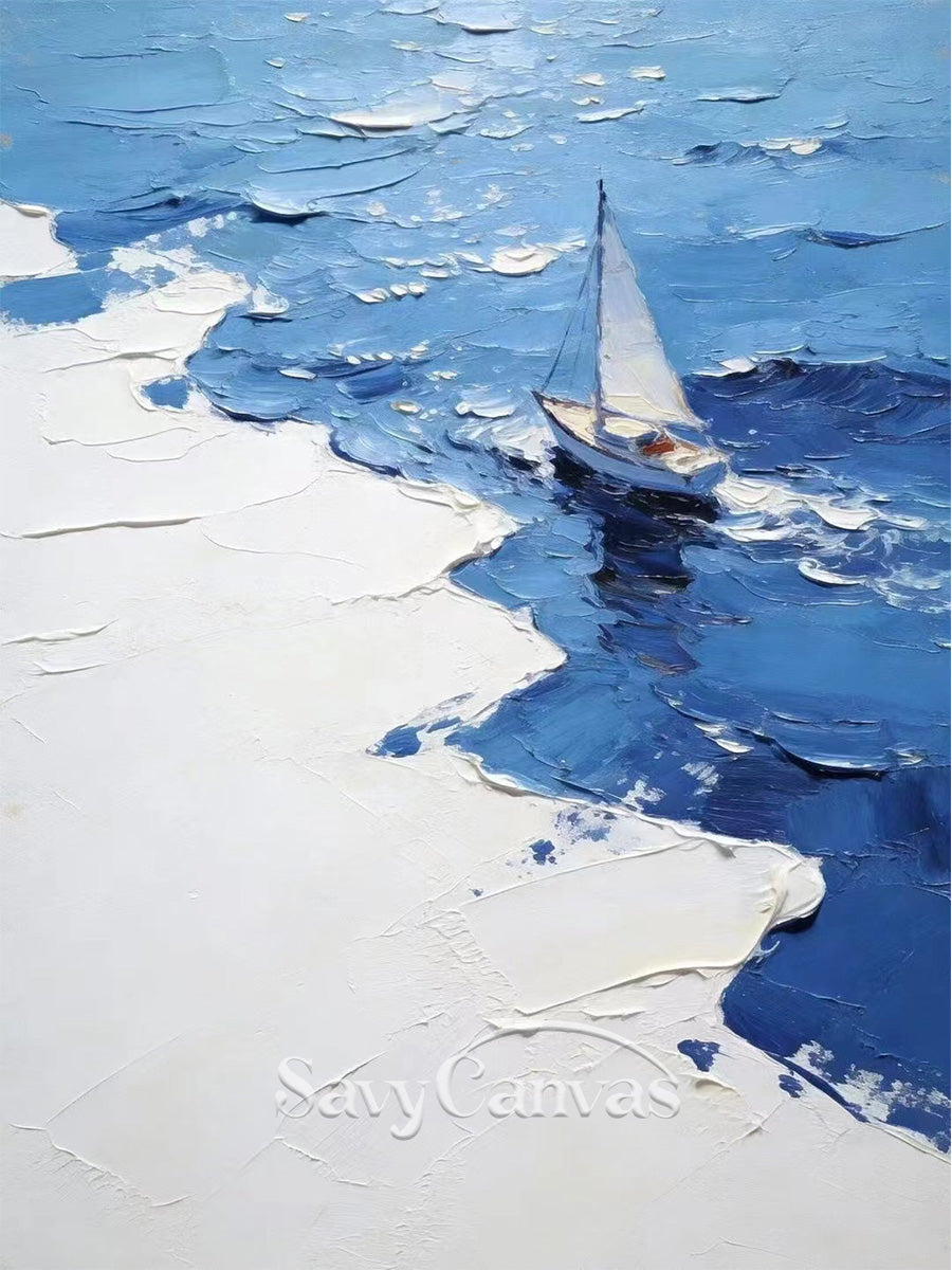 Minimalist Blue and White Seascape Palette Knife Wall Art