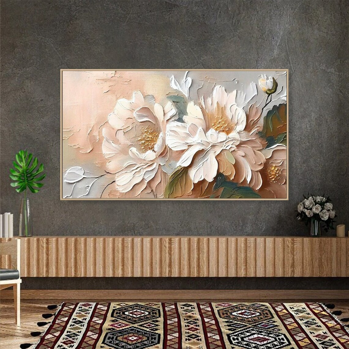 Large Horizontal Flower Painting Textured Art for Living Room #TC 104