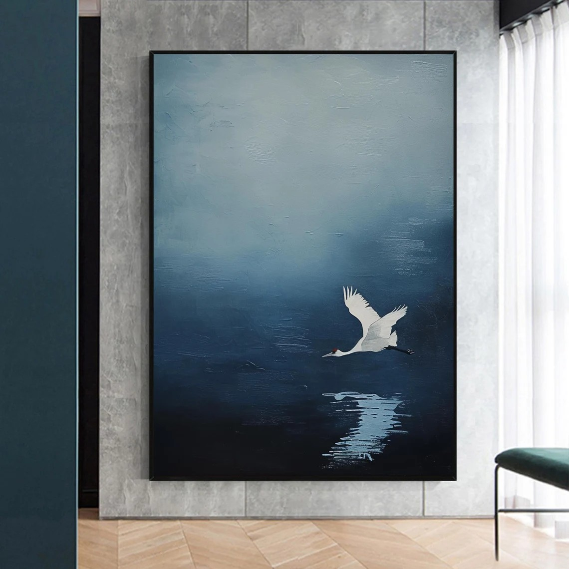 Handmade Blue Abstract Oil Painting with Crane Modern Decor  #TC 030