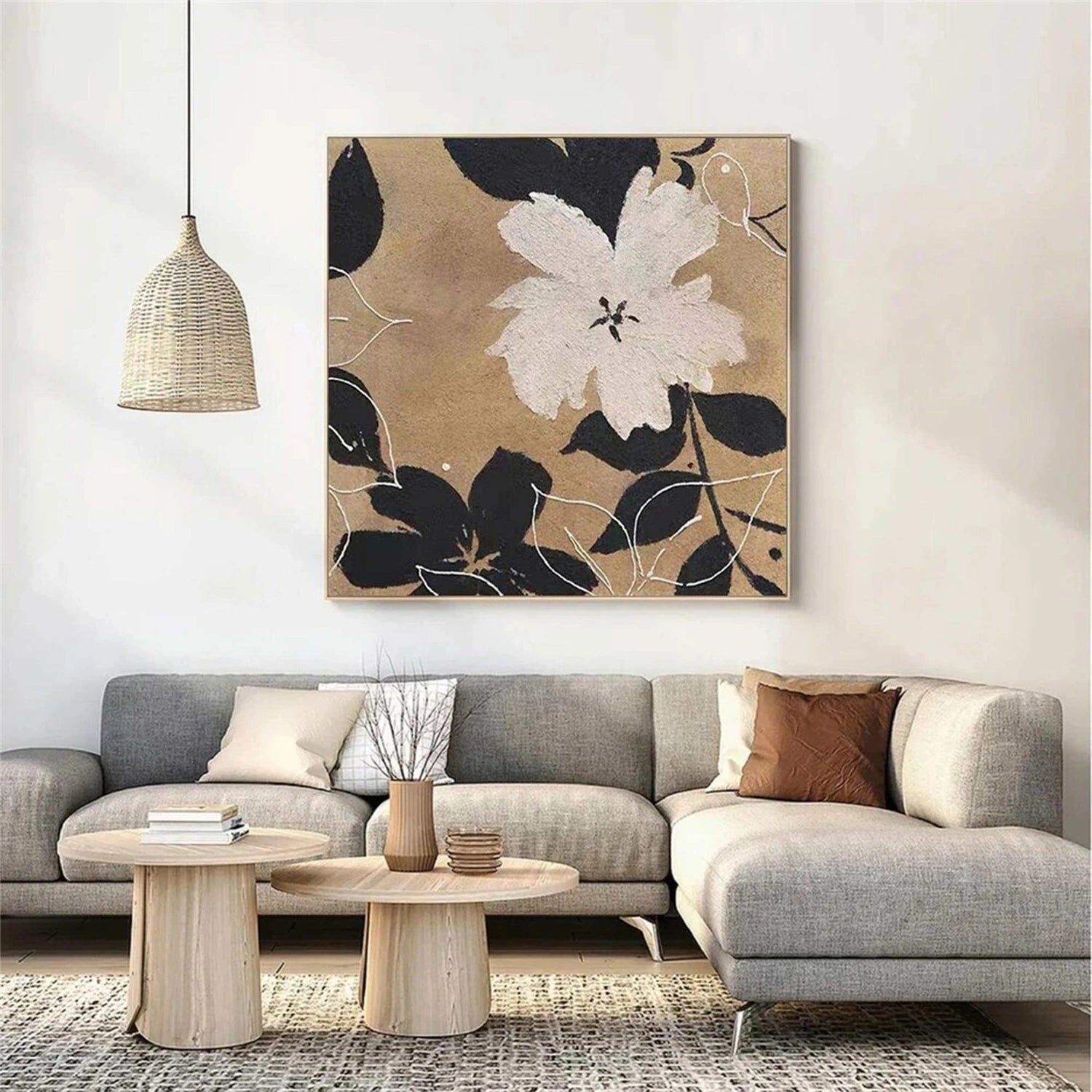 Black White Flower Painting | Modern Beige Abstract Floral Canvas #JJ 348