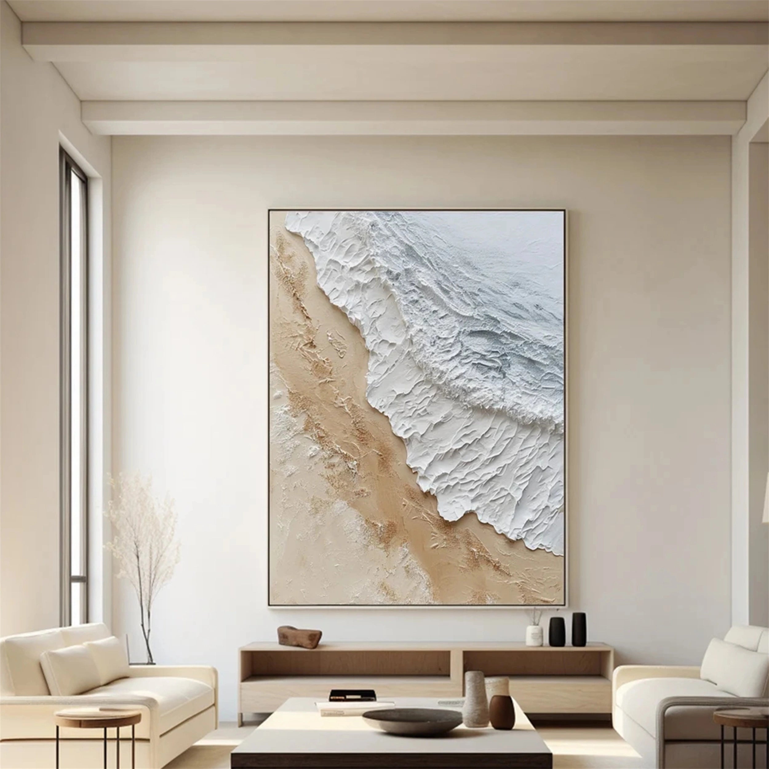 Large Textured Beach Wall Art | Vertical Neutral Coastal Canvas #ZZ 065