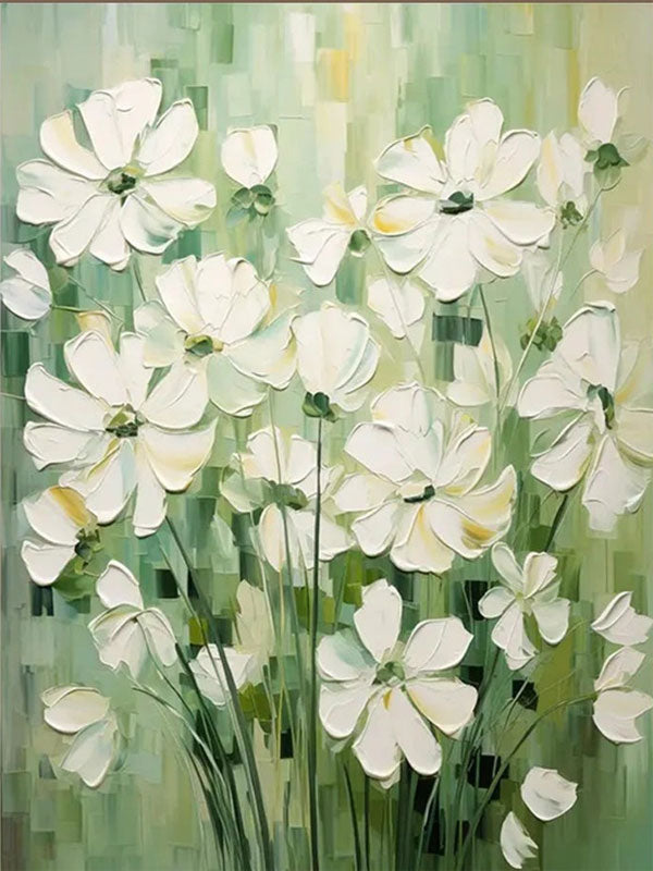 油絵アート（green flower） Vertical White Flower Field Art | Green Abstract Oil #JJ 306