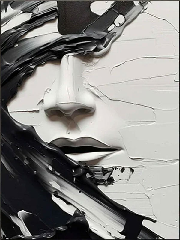 Textured Black and White Abstract Face Oil Painting - 3D Modern Art  #JJ 050