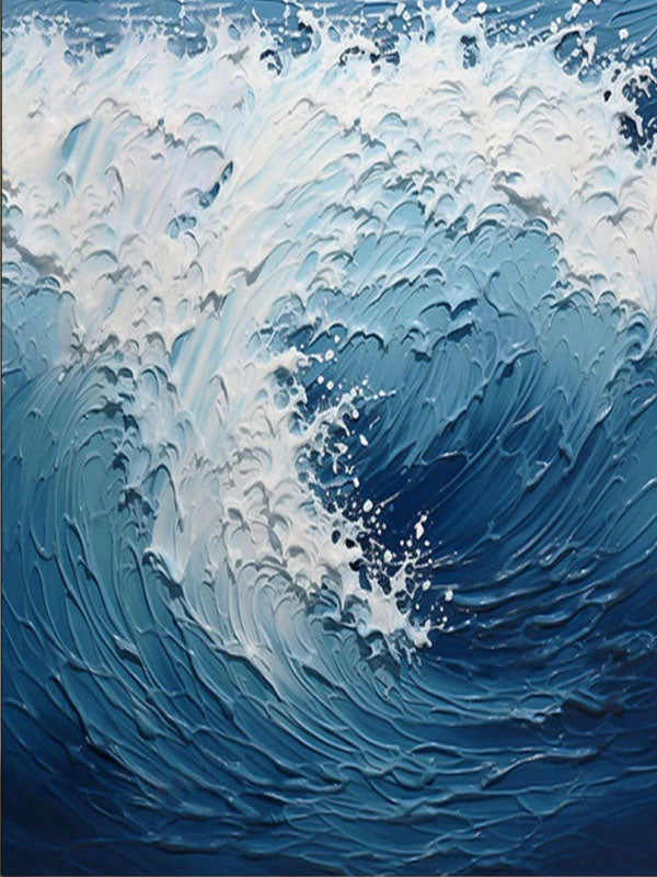 Dynamic Ocean Wave Textured Abstract - Blue and White Modern Oil Paint
