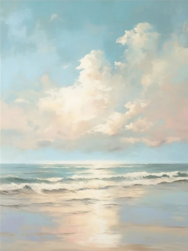 Calm Coastal Sky and Sea Abstract - Soft Blue and Beige Oil Painting # JJ 118