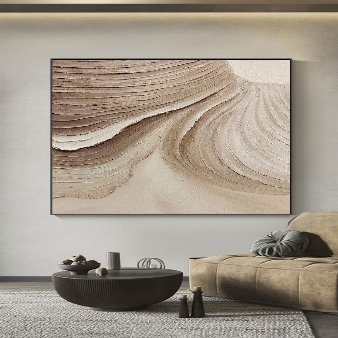 Handmade Beige Abstract Oil Painting with Flowing Brushstrokes Decor
