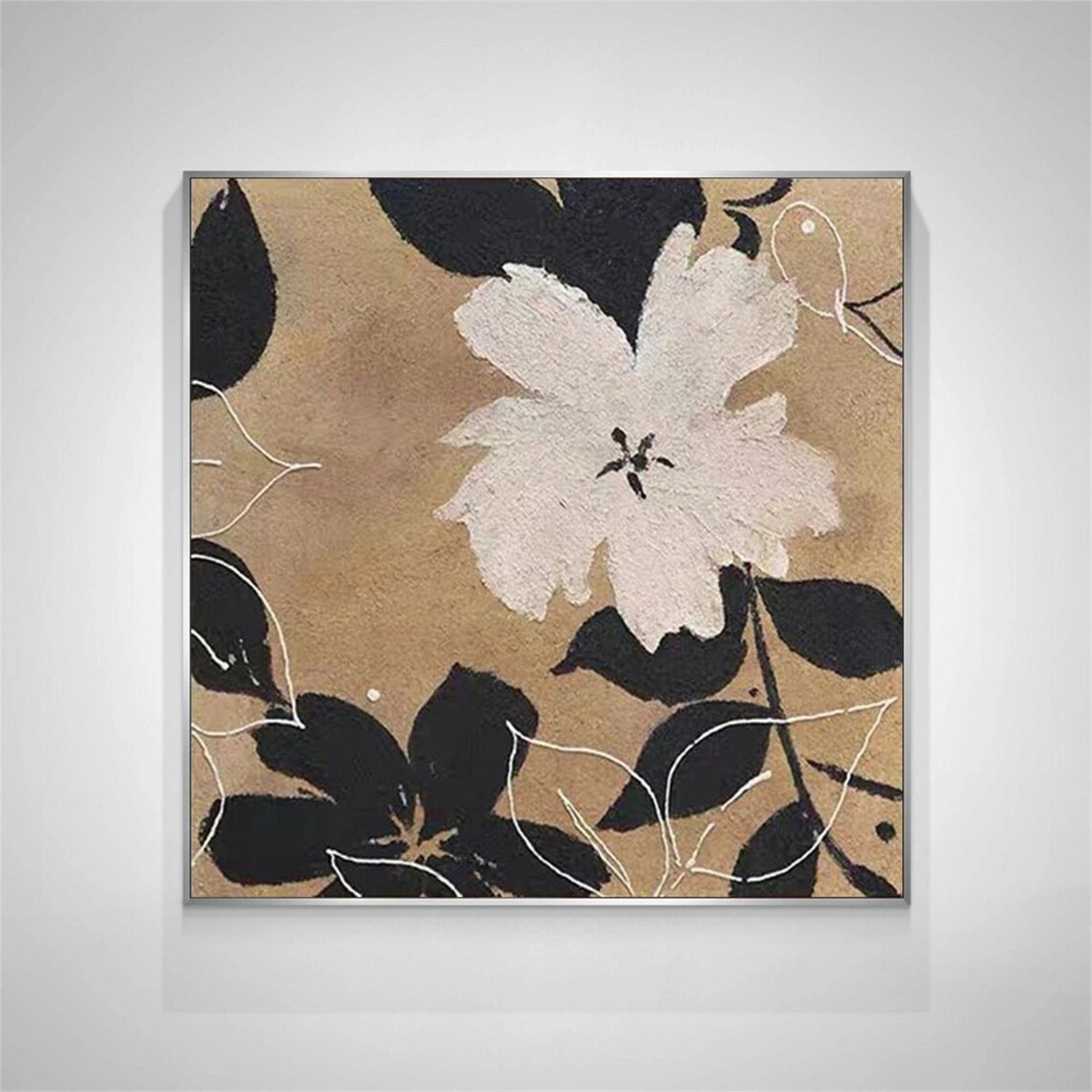 Black White Flower Painting | Modern Beige Abstract Floral Canvas #JJ 348