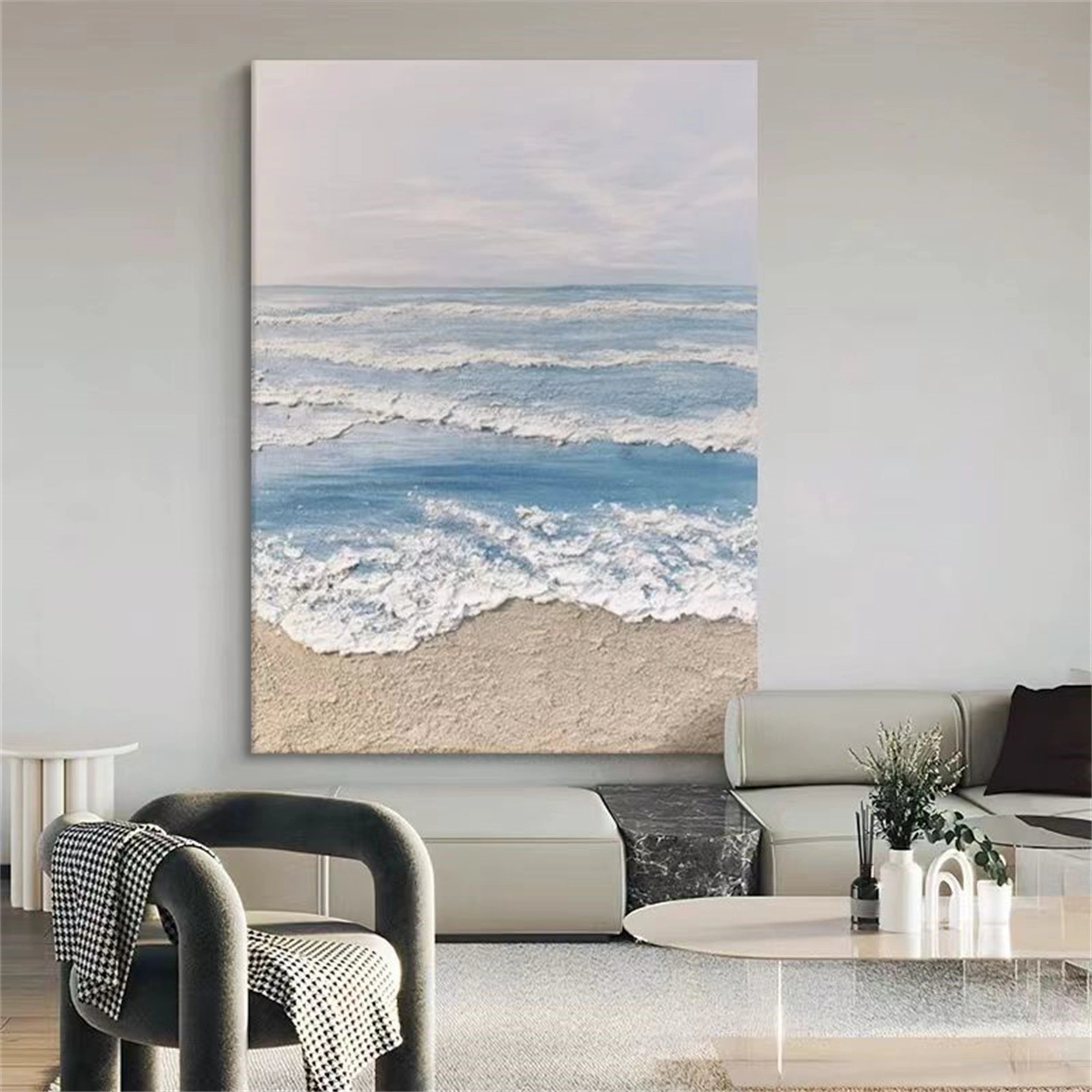 Blue White Beige Textured Beach Abstract Oil Painting - Modern Serene Art # JJ 131