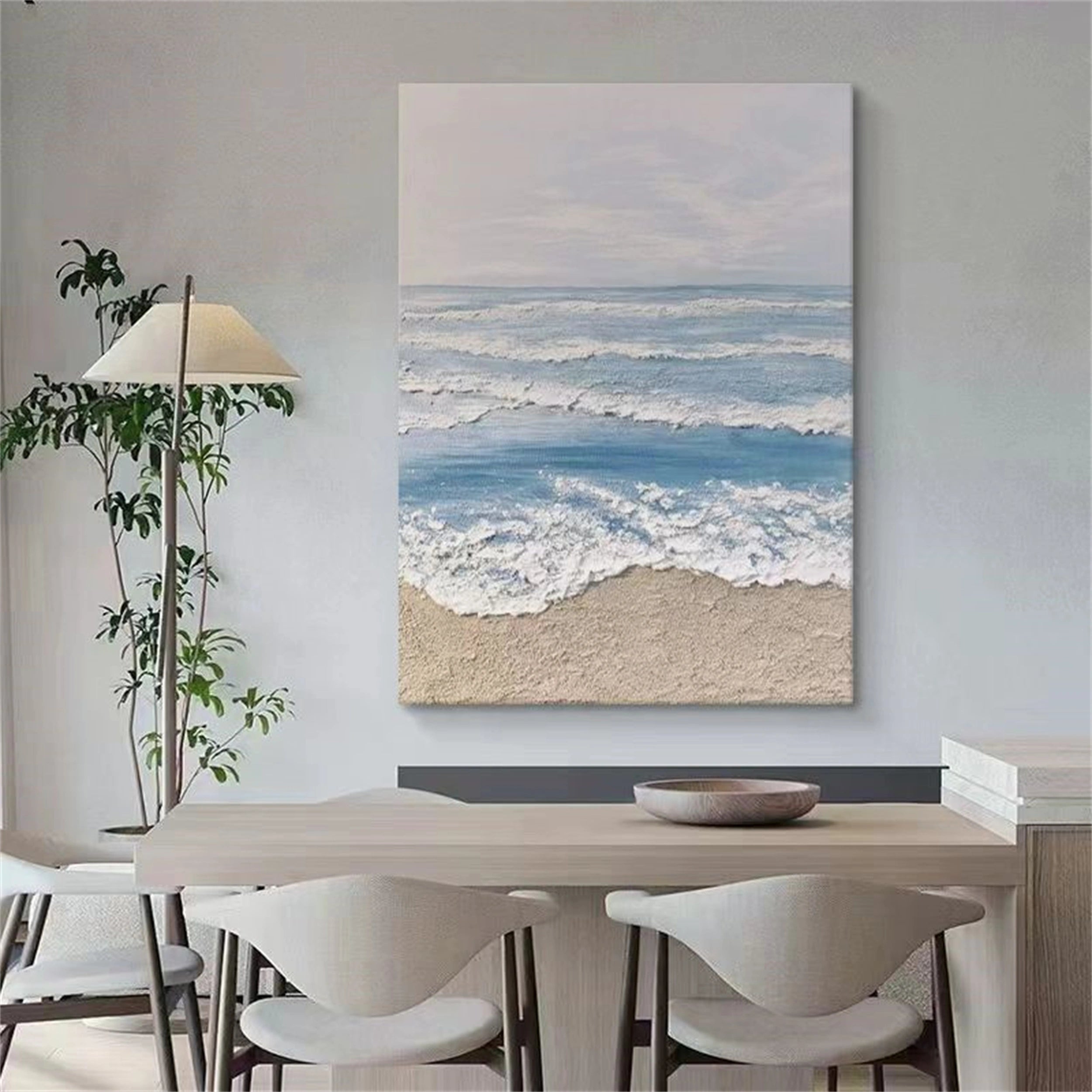 Blue White Beige Textured Beach Abstract Oil Painting - Modern Serene Art # JJ 131