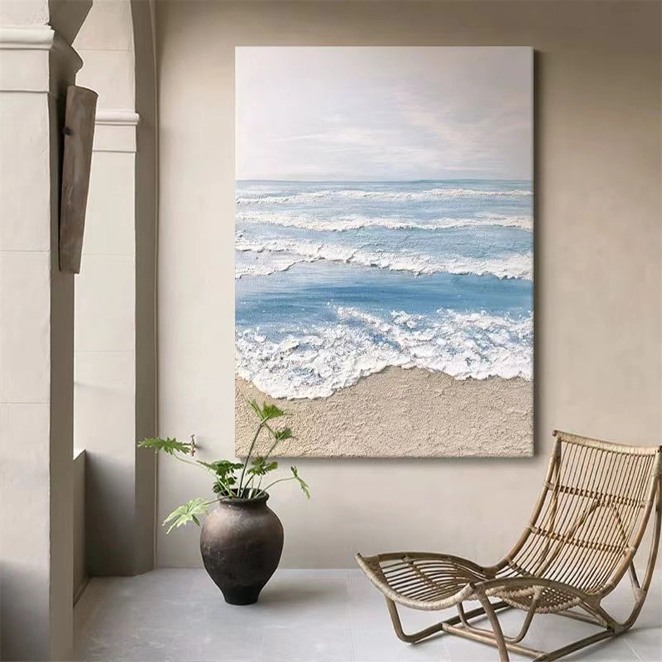 Blue White Beige Textured Beach Abstract Oil Painting - Modern Serene Art # JJ 131
