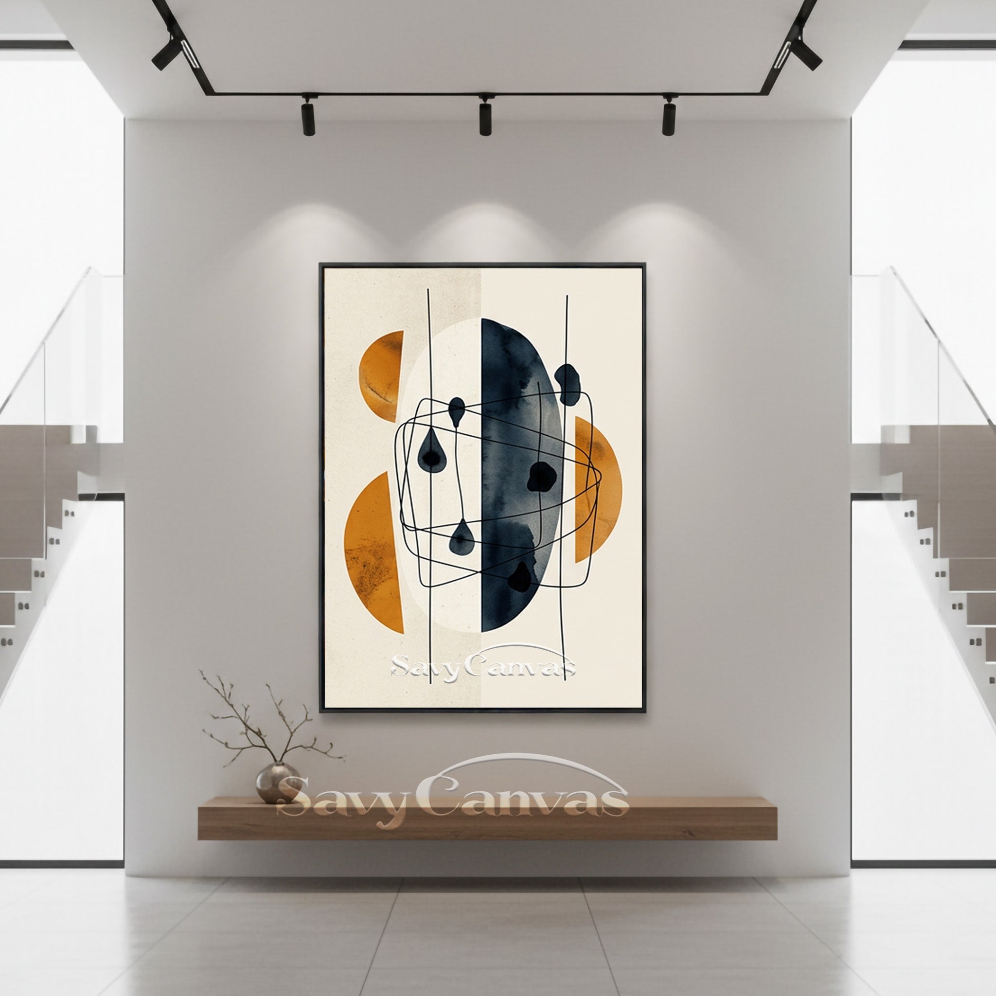 Abstract Geometric Wall Art - Burnt Orange & Indigo Blue Decor #SS 194