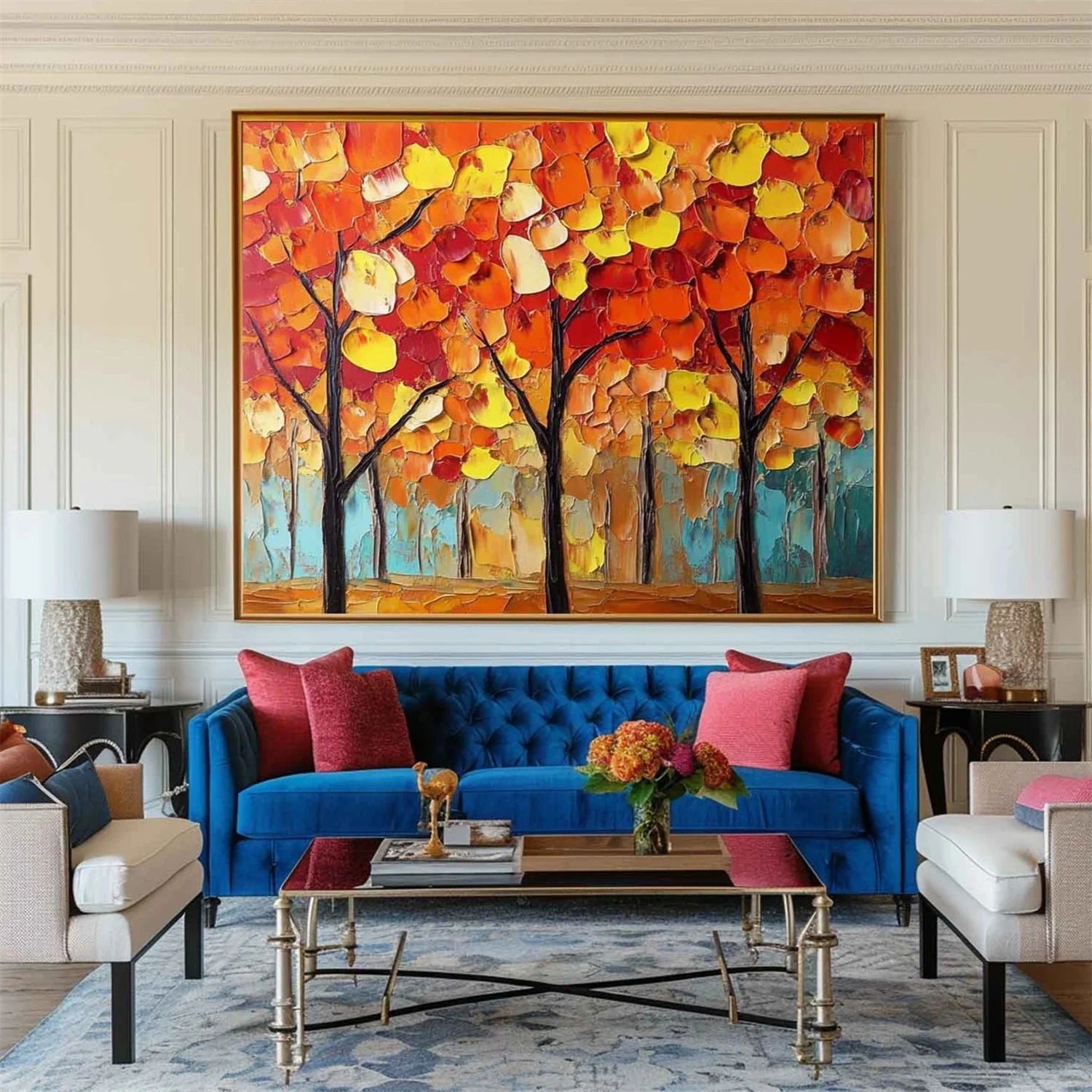 Vibrant Autumn Forest Hand-Painted Oil Art | Large Textured Trees #JJ 324
