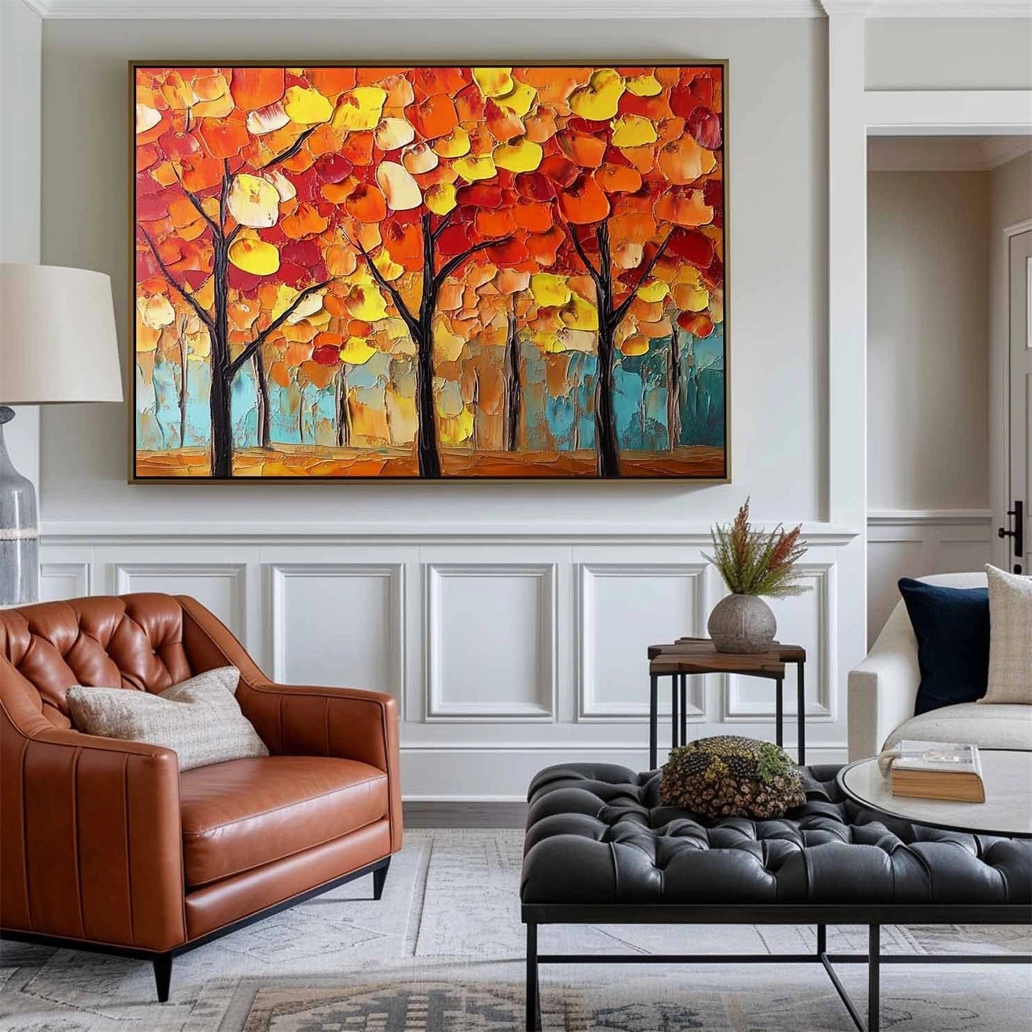 Vibrant Autumn Forest Hand-Painted Oil Art | Large Textured Trees #JJ 324