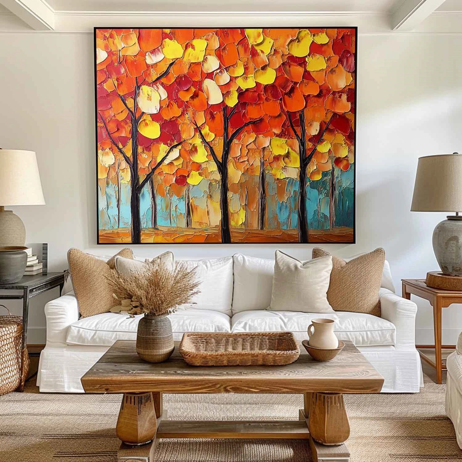 Vibrant Autumn Forest Hand-Painted Oil Art | Large Textured Trees #JJ 324