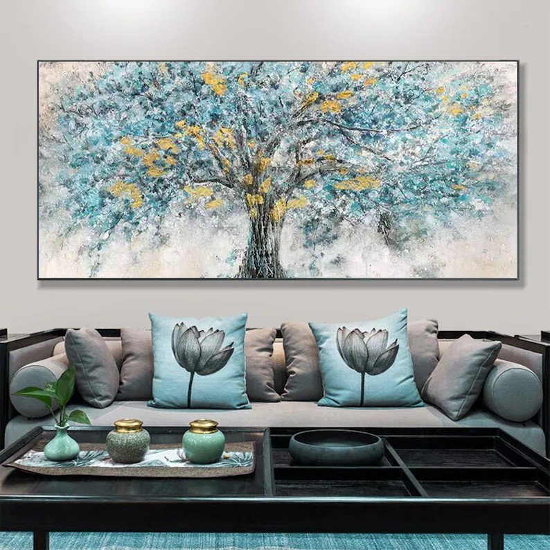 Abstract Tree Oil Painting with Blue & Gold Textured Leaves #JJ 038
