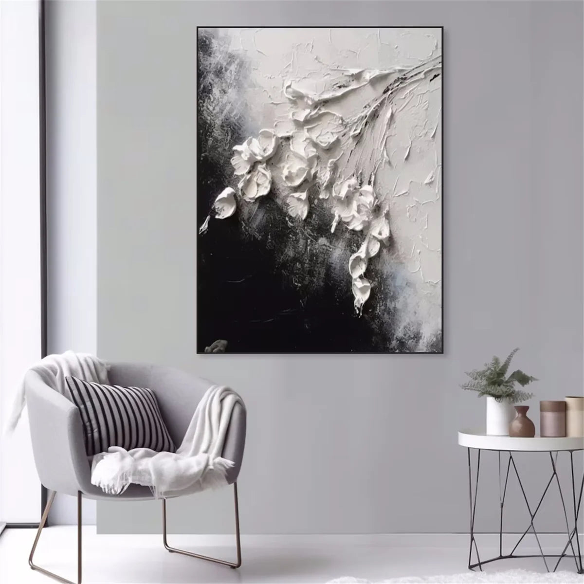 Black and White Floral Wall Art | Large Vertical Textured 3D Painting #ZZ 183