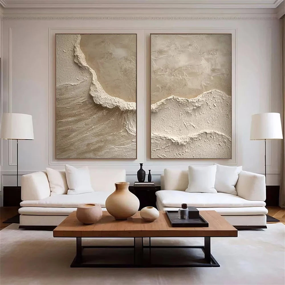 Textured Abstract Wave Oil Painting | Large Beige Wall Art Set of 2