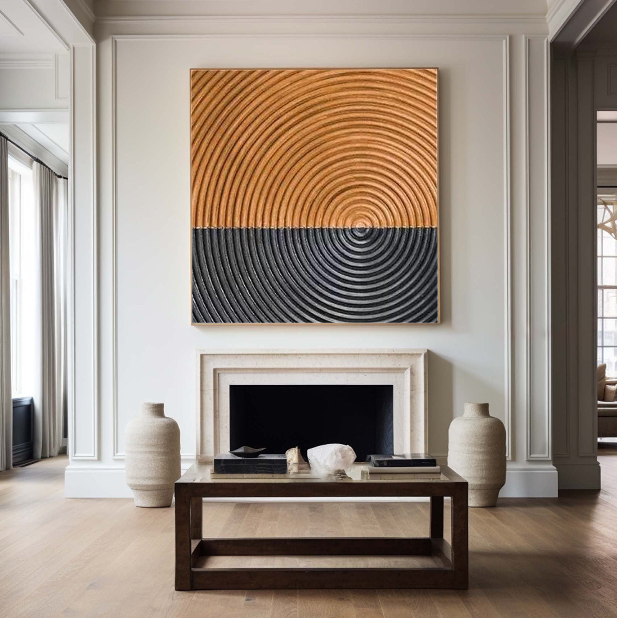 Geometric Abstract Painting | Copper & Black Textured Circular Art