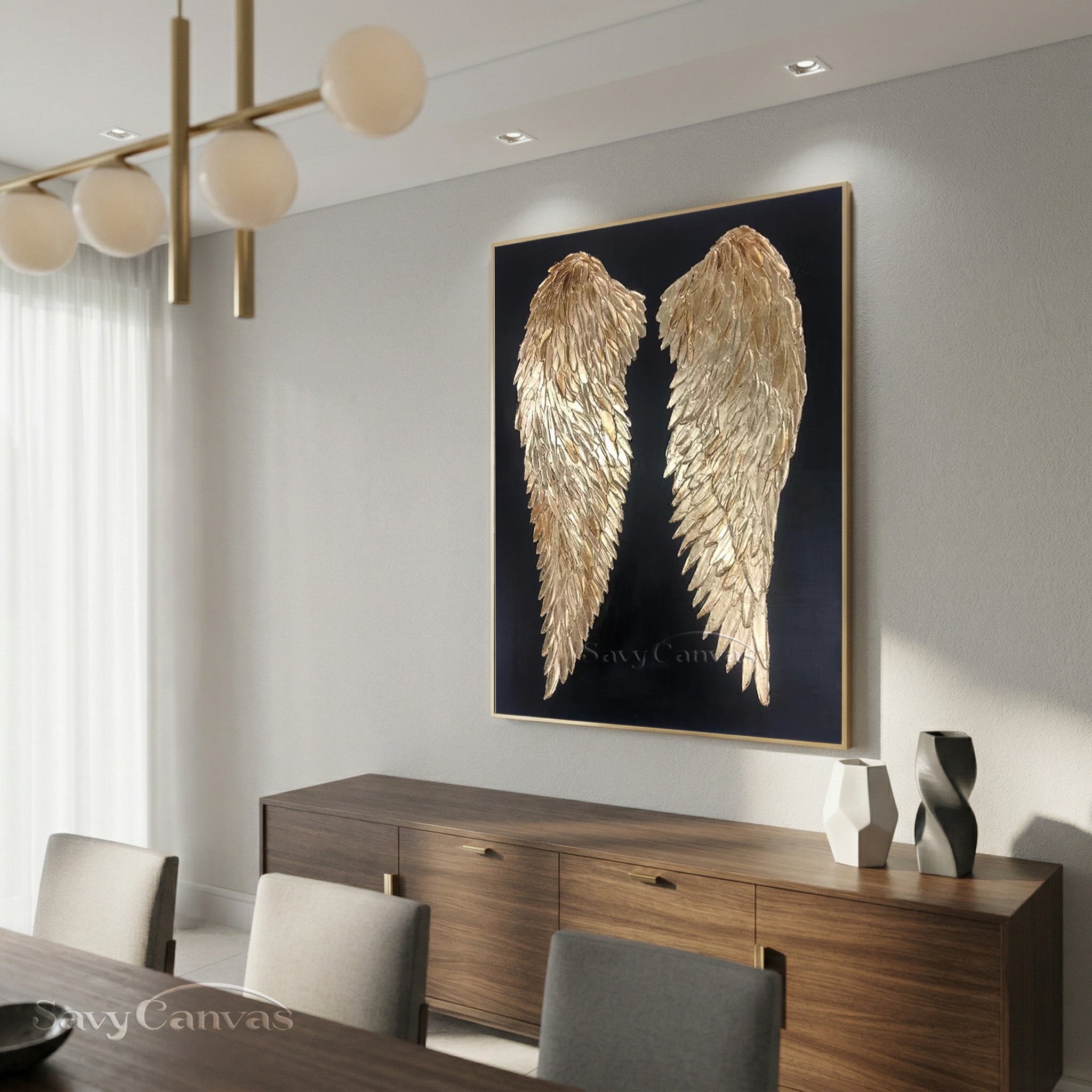 Gold Angel Wings 3D Texture Oil Painting on Black Canvas #SS 006