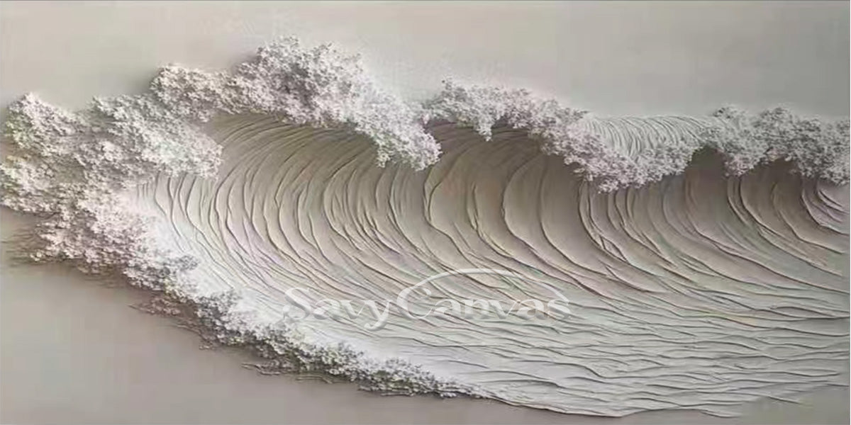 Handmade Impasto White Wave Canvas Art - Modern Coastal Decor