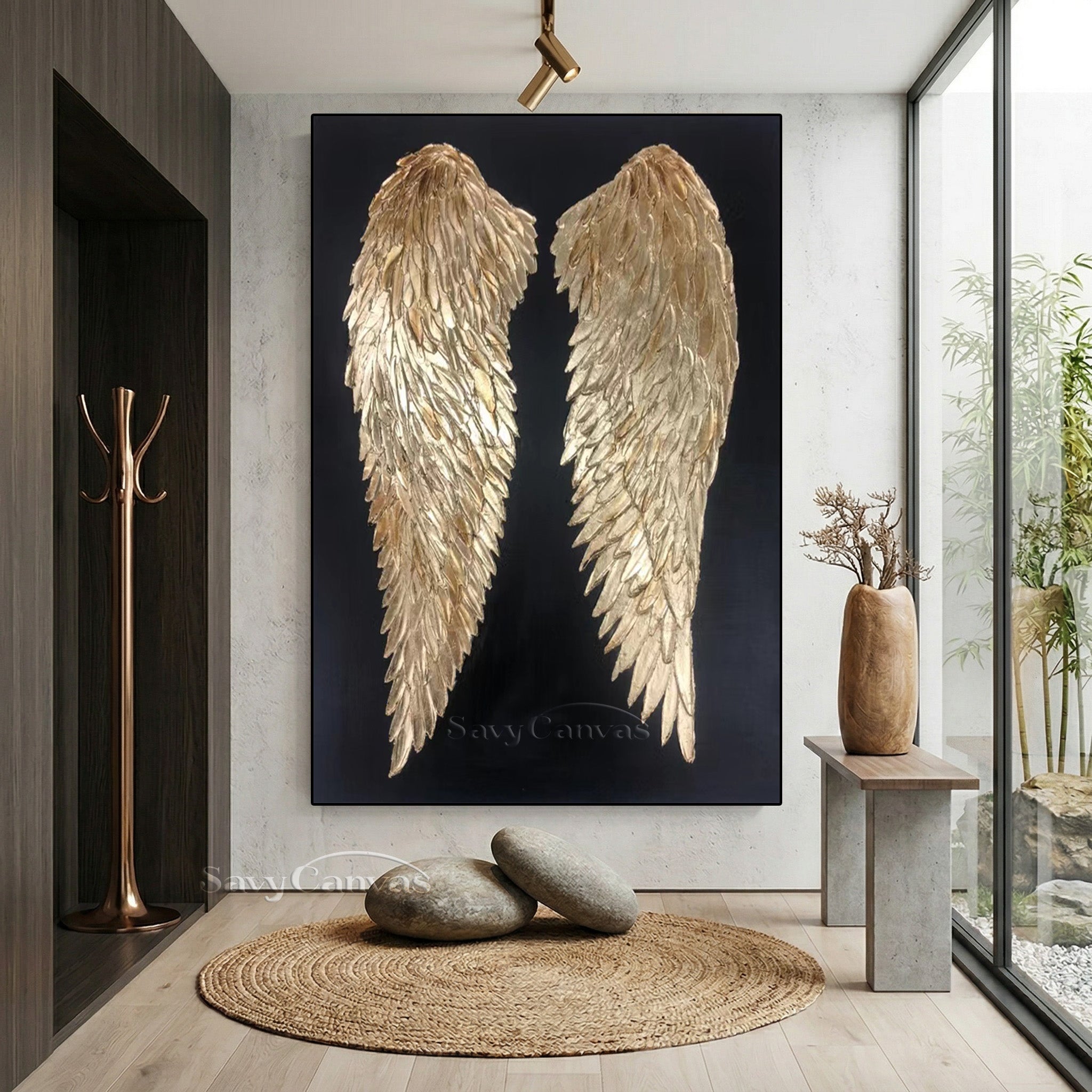 Gold Angel Wings 3D Texture Oil Painting on Black Canvas #SS 006
