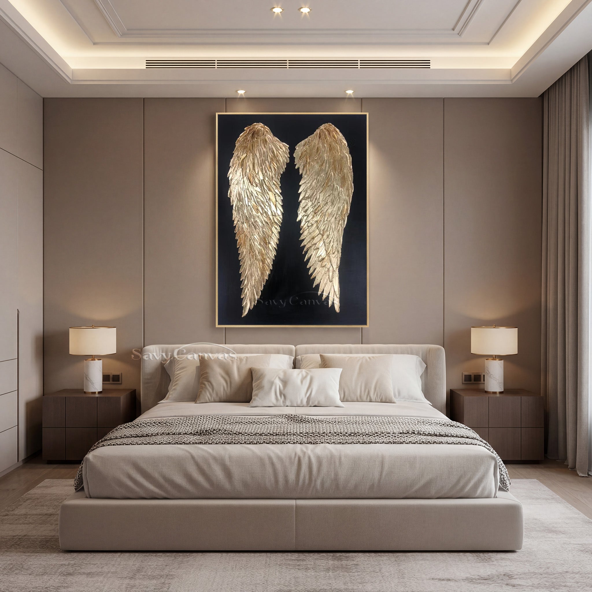 Gold Angel Wings 3D Texture Oil Painting on Black Canvas #SS 006
