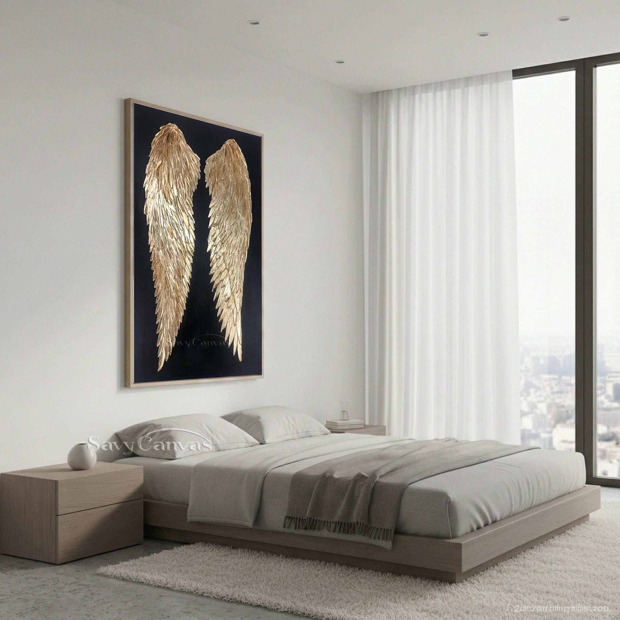 Gold Angel Wings 3D Texture Oil Painting on Black Canvas #SS 006