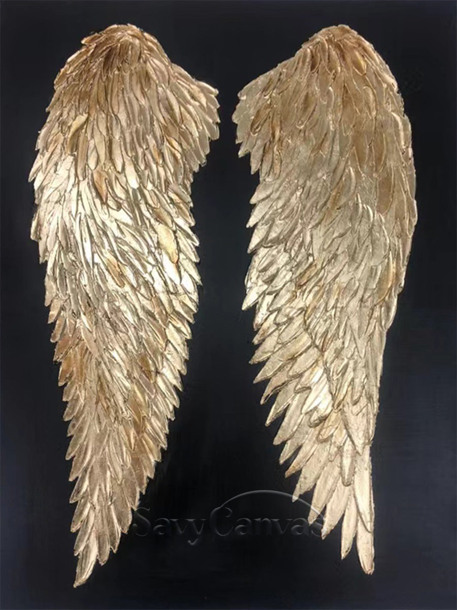 Handmade 3D Gold Angel Wings Oil Painting | Luxury Wall Art