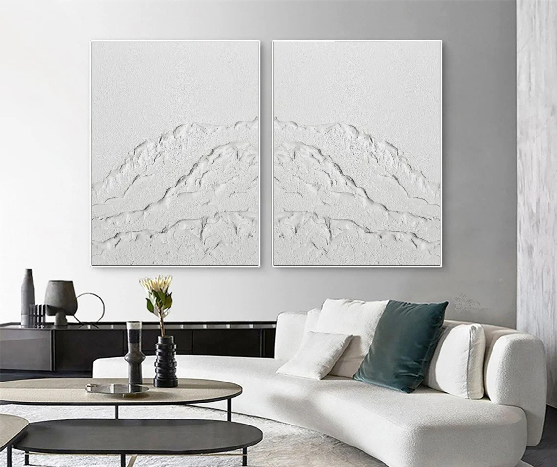 White Textured Abstract Diptych - Minimalist Landscape Art #JJ 026