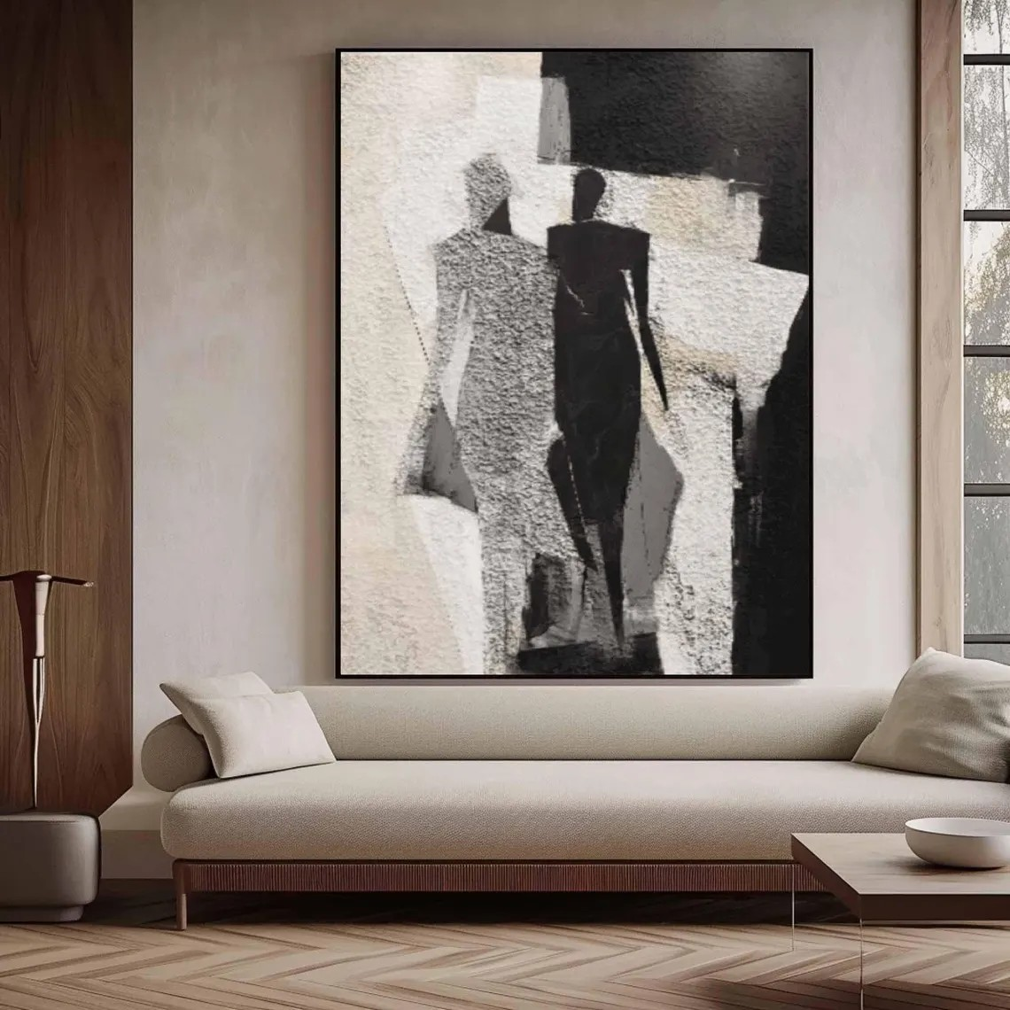 Living Room Art - Black White Abstract Figures Wall Painting