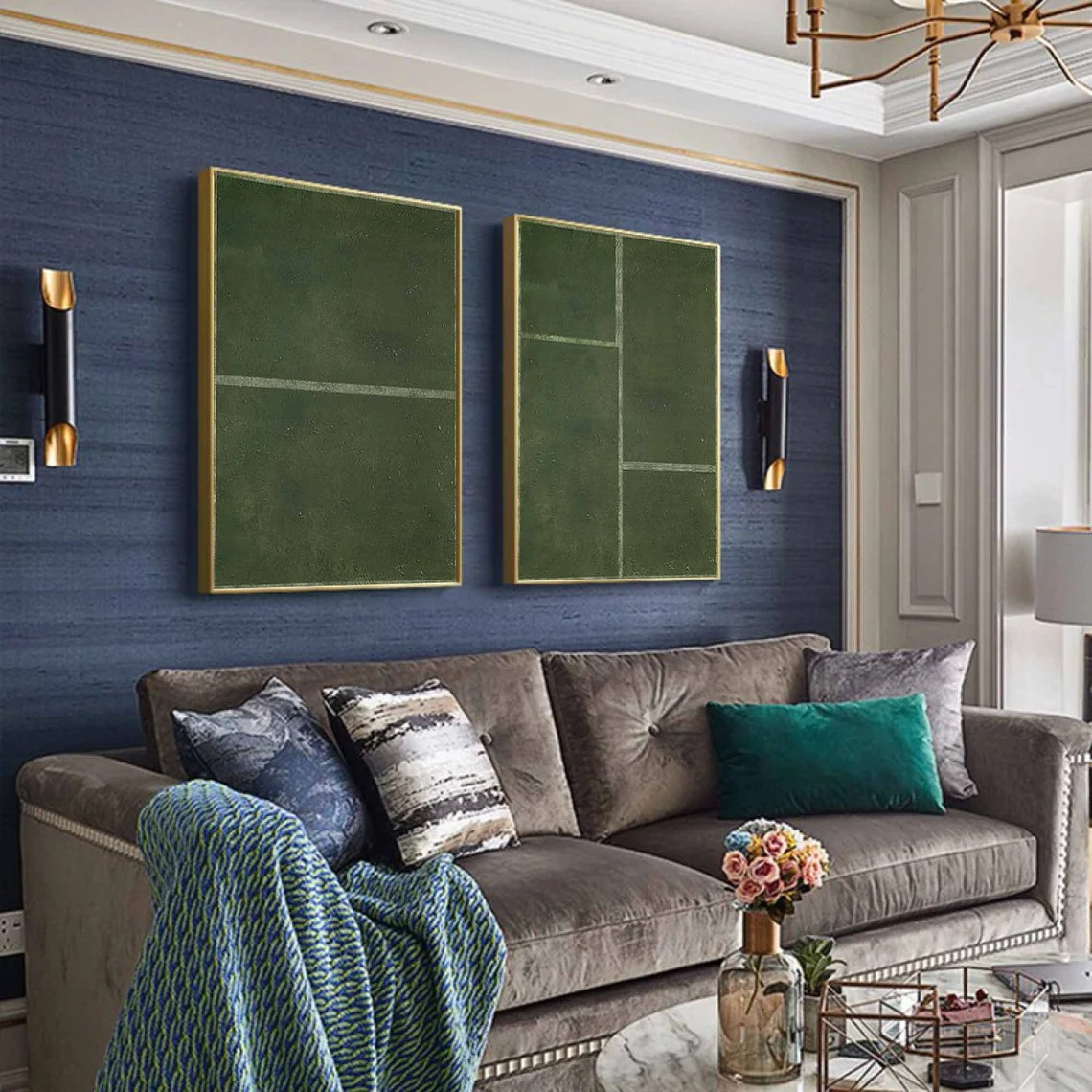 Set of 2 Large Abstract Green Oil Paintings with Geometric Design | # TC 017