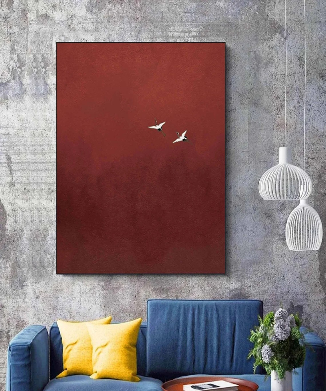 Minimalist Red Abstract Oil Painting with Flying Birds Wall Art #TC 026