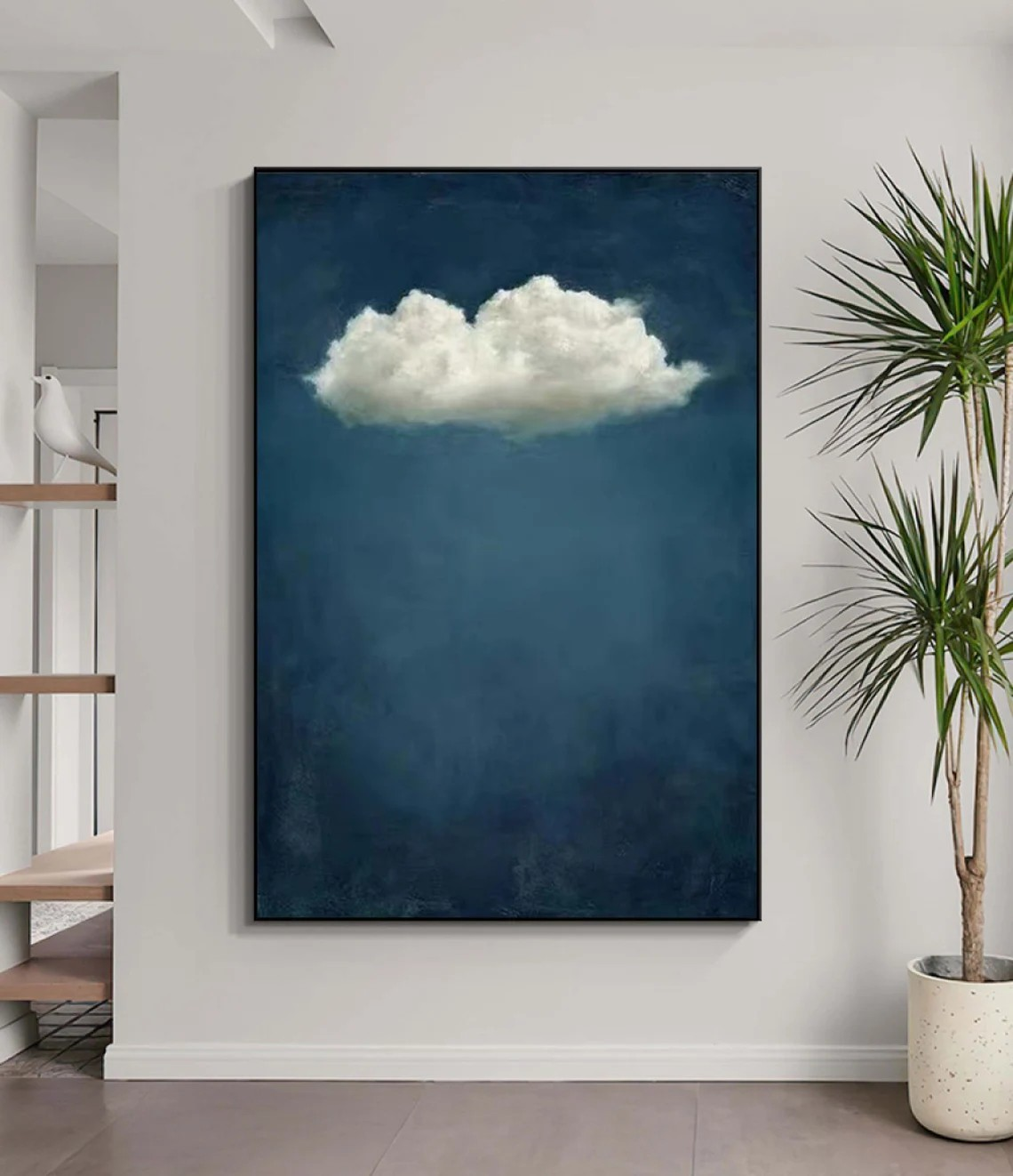 Minimalist Cloud Painting | Handmade Vertical Blue Canvas Art #TC 042