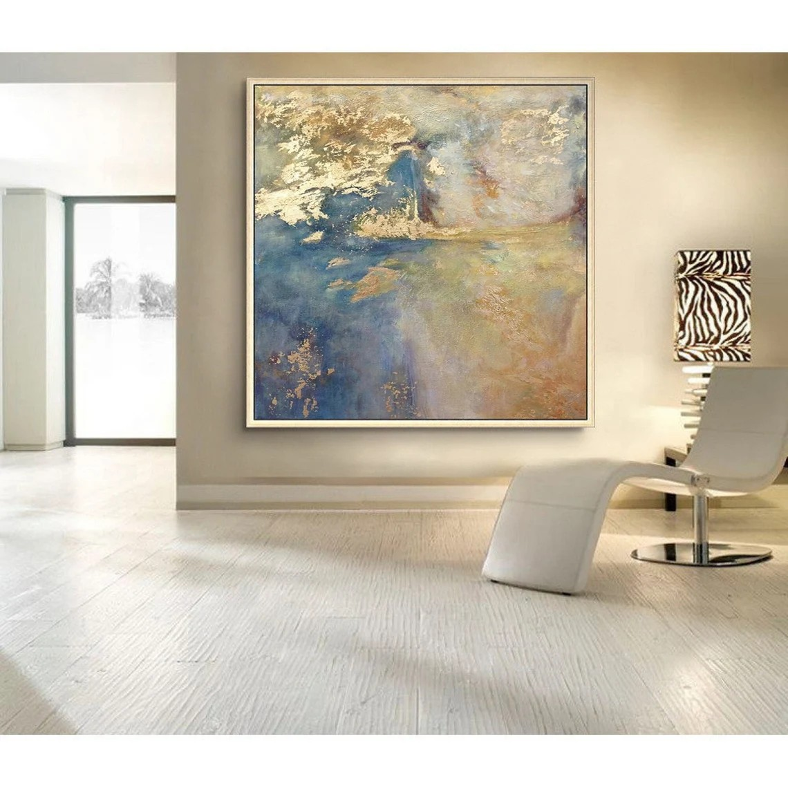 Modern Canvas Wall Art - Textured Blue Gold Abstract Painting #TC 050