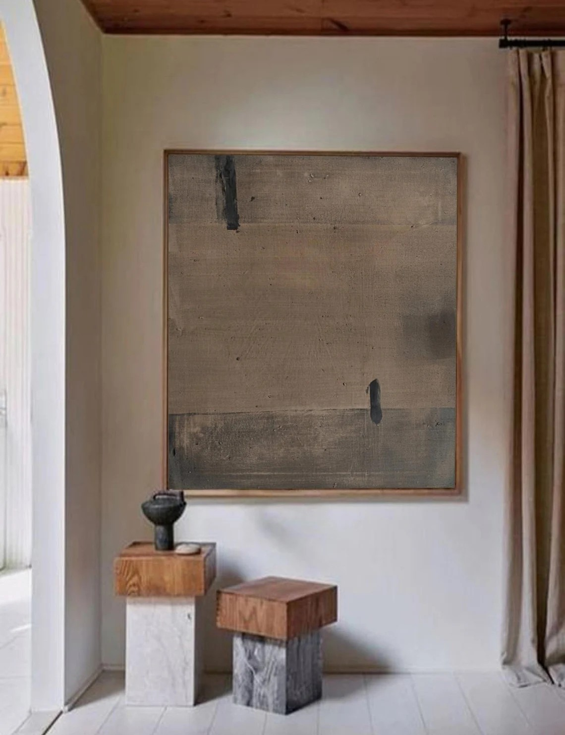 Brown Abstract Oil Painting with Black Marks for Home Decor
