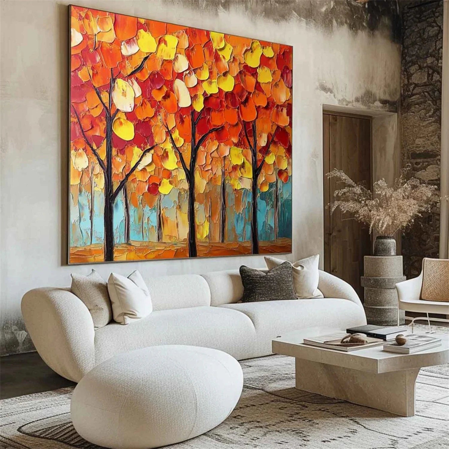 Vibrant Autumn Forest Hand-Painted Oil Art | Large Textured Trees #JJ 324